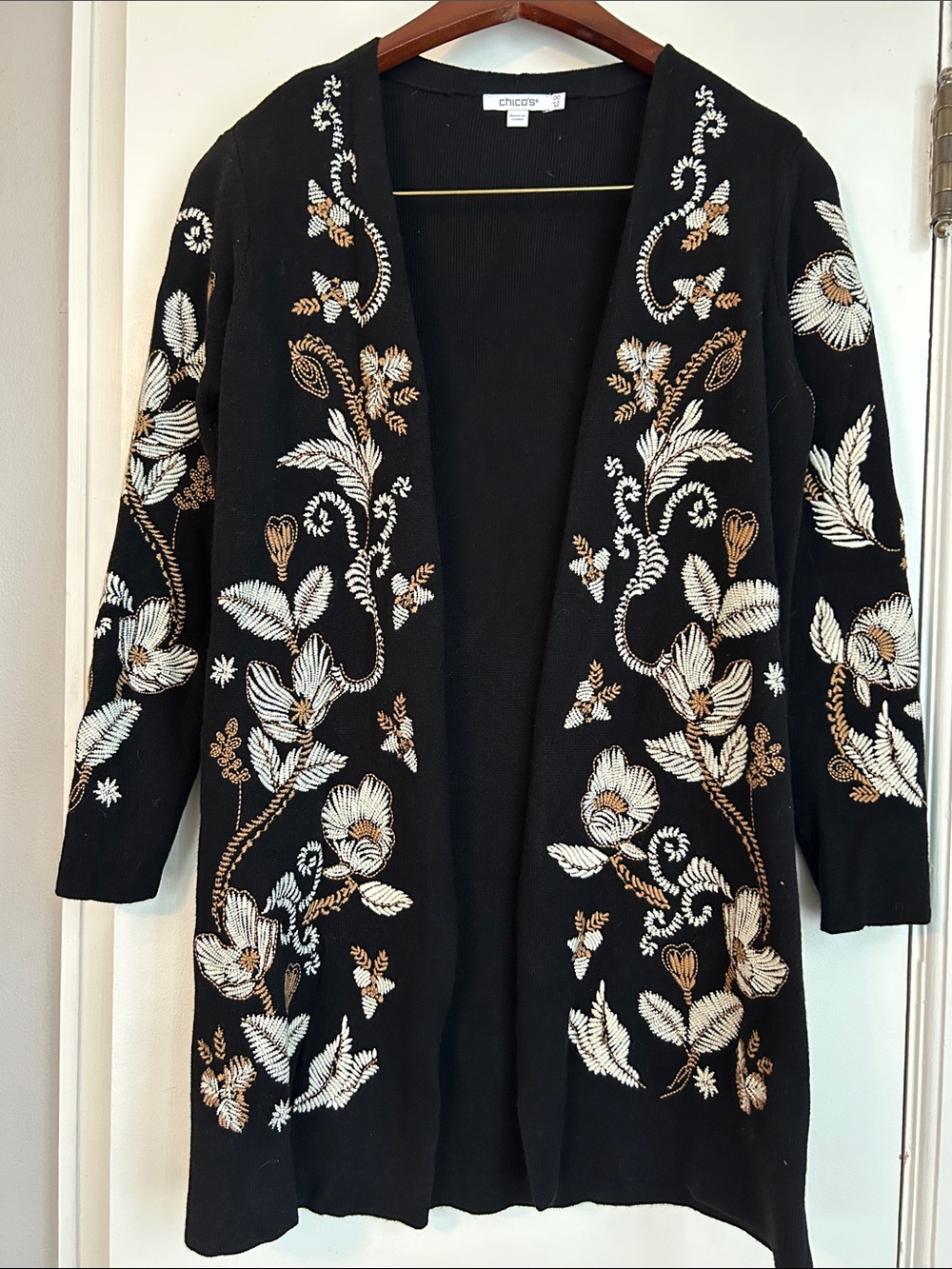 Chico's Black Open-Front Cardigan with White and Gold Floral Embroidery
